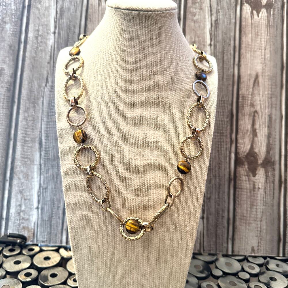Vintage Tigers Eye Gemstones, Silver Oval Circles Chain Links Necklace 36 inch